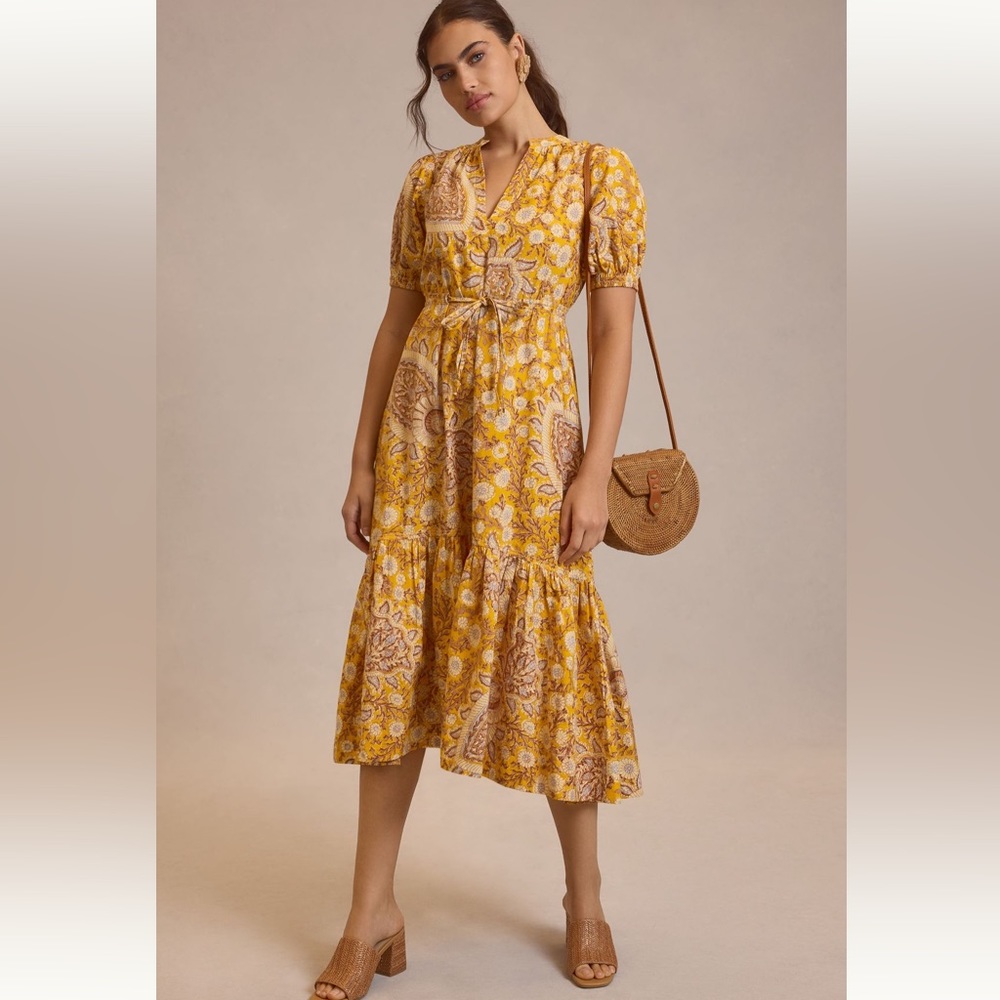Anthropology Printed Puss-Sleeve Dress, size Small